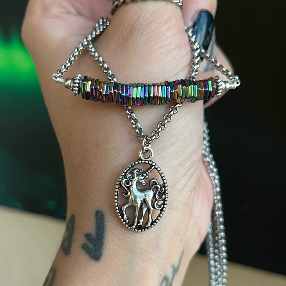 Double layer unicorn rainbow stones stainless steel adjustable choker necklace - Picture 11 of 14